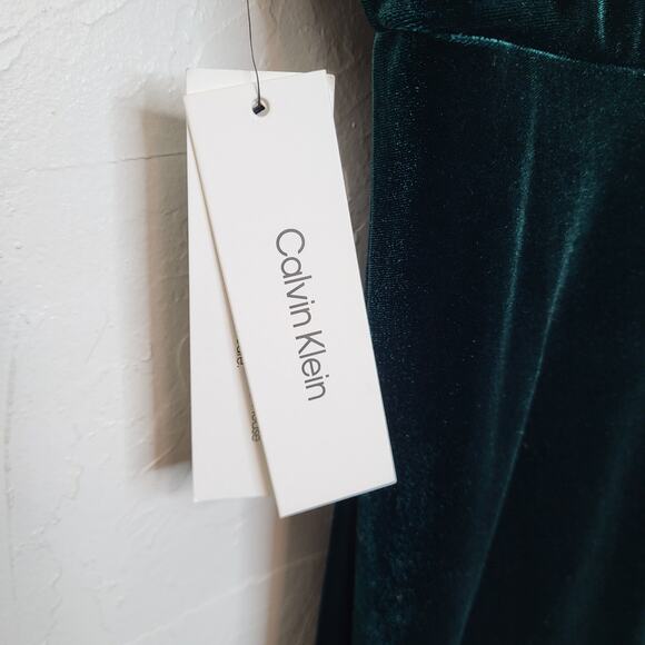 CALVIN KLEIN Green Velvet High Neck Cowl Back PullOn Cap Sleeve Midi Dress Sz 14 - Picture 11 of 15